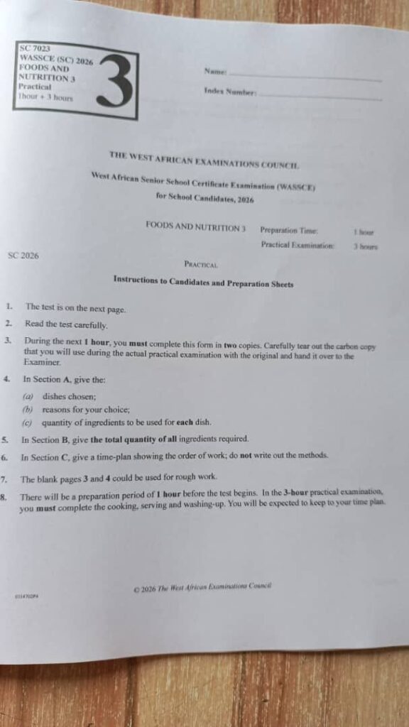 2026 WAEC FOOD AND NUTRITION practical question